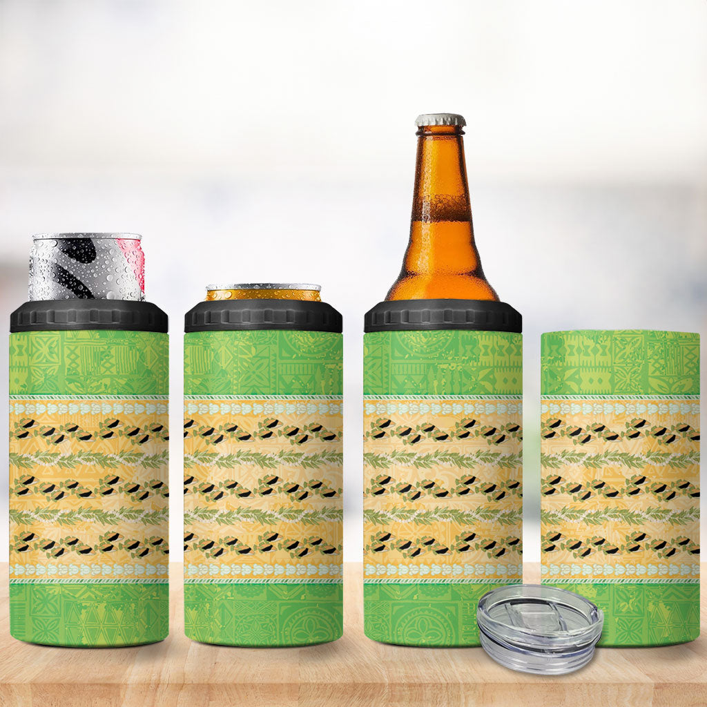 Hawaii Humuhumu Fish Maile Pikake Lei 4 in 1 Can Cooler Tumbler Tribal Tapa Green Version