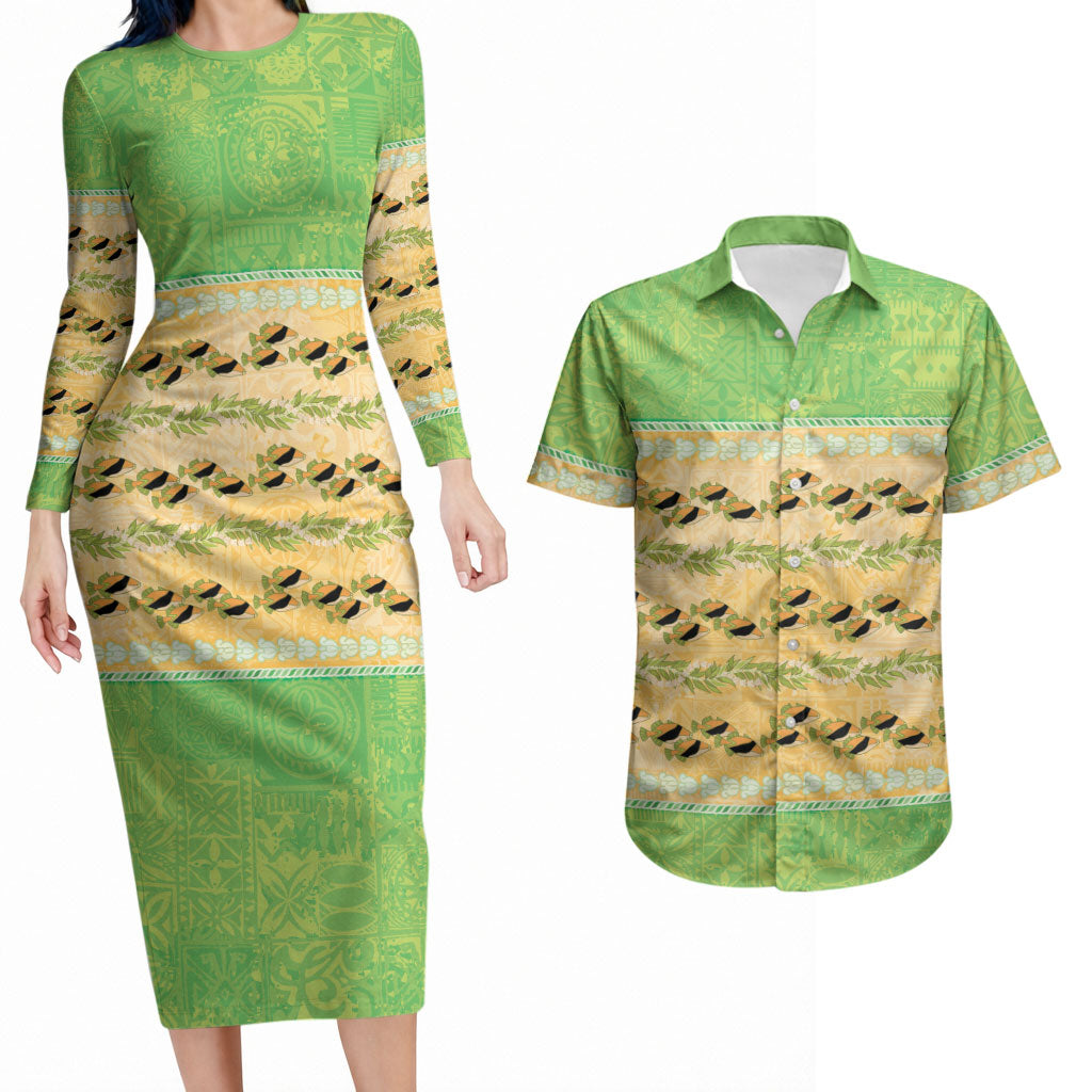 Hawaii Humuhumu Fish Maile Pikake Lei Couples Matching Long Sleeve Bodycon Dress and Hawaiian Shirt Tribal Tapa Green Version LT05 Green - Polynesian Pride