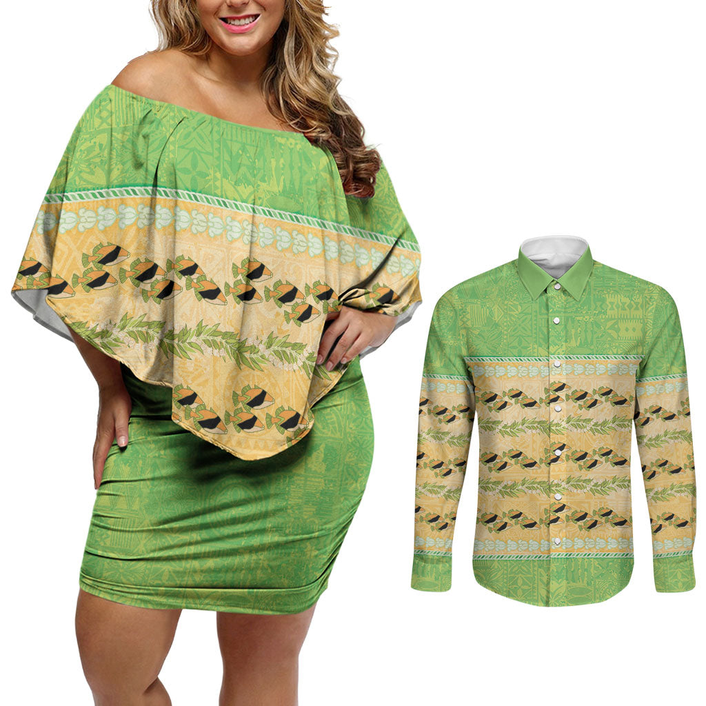 Hawaii Humuhumu Fish Maile Pikake Lei Couples Matching Off Shoulder Short Dress and Long Sleeve Button Shirt Tribal Tapa Green Version LT05 Green - Polynesian Pride