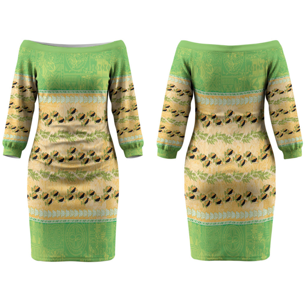 Hawaii Humuhumu Fish Maile Pikake Lei Couples Matching Off The Shoulder Long Sleeve Dress and Hawaiian Shirt Tribal Tapa Green Version