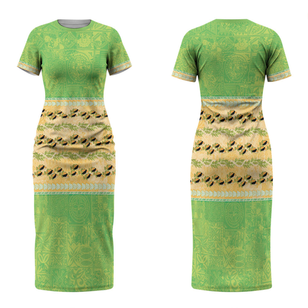 Hawaii Humuhumu Fish Maile Pikake Lei Couples Matching Short Sleeve Bodycon Dress and Long Sleeve Button Shirt Tribal Tapa Green Version