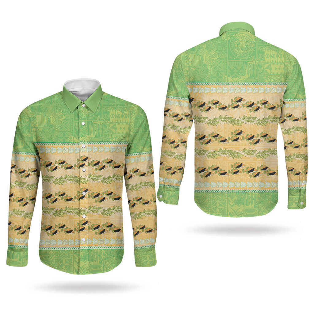 Hawaii Humuhumu Fish Maile Pikake Lei Couples Matching Tank Maxi Dress and Long Sleeve Button Shirt Tribal Tapa Green Version