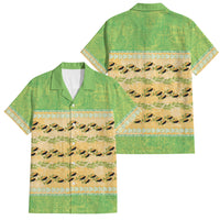 Hawaii Humuhumu Fish Maile Pikake Lei Family Matching Off The Shoulder Long Sleeve Dress and Hawaiian Shirt Tribal Tapa Green Version