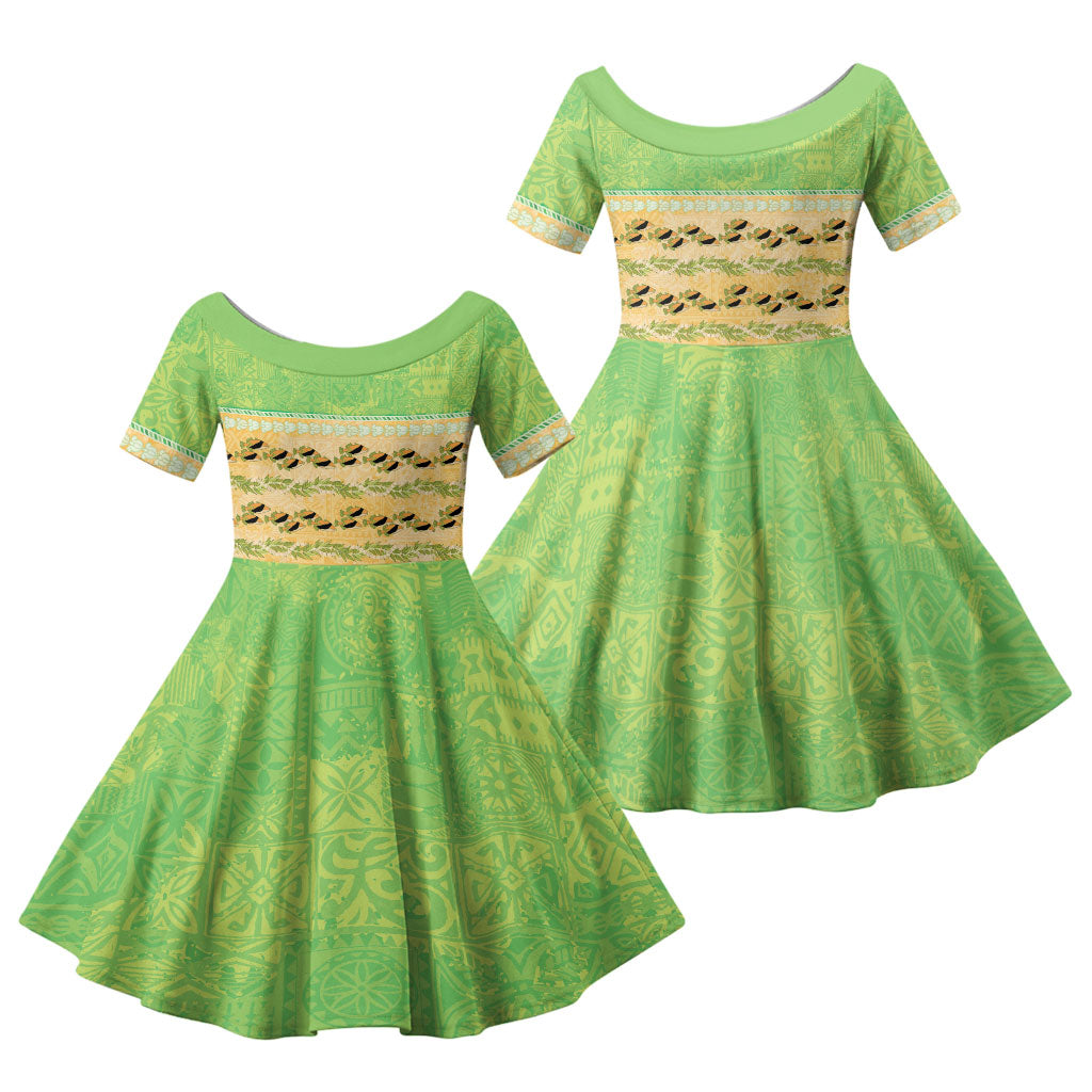 Hawaii Humuhumu Fish Maile Pikake Lei Family Matching Off Shoulder Maxi Dress and Hawaiian Shirt Tribal Tapa Green Version