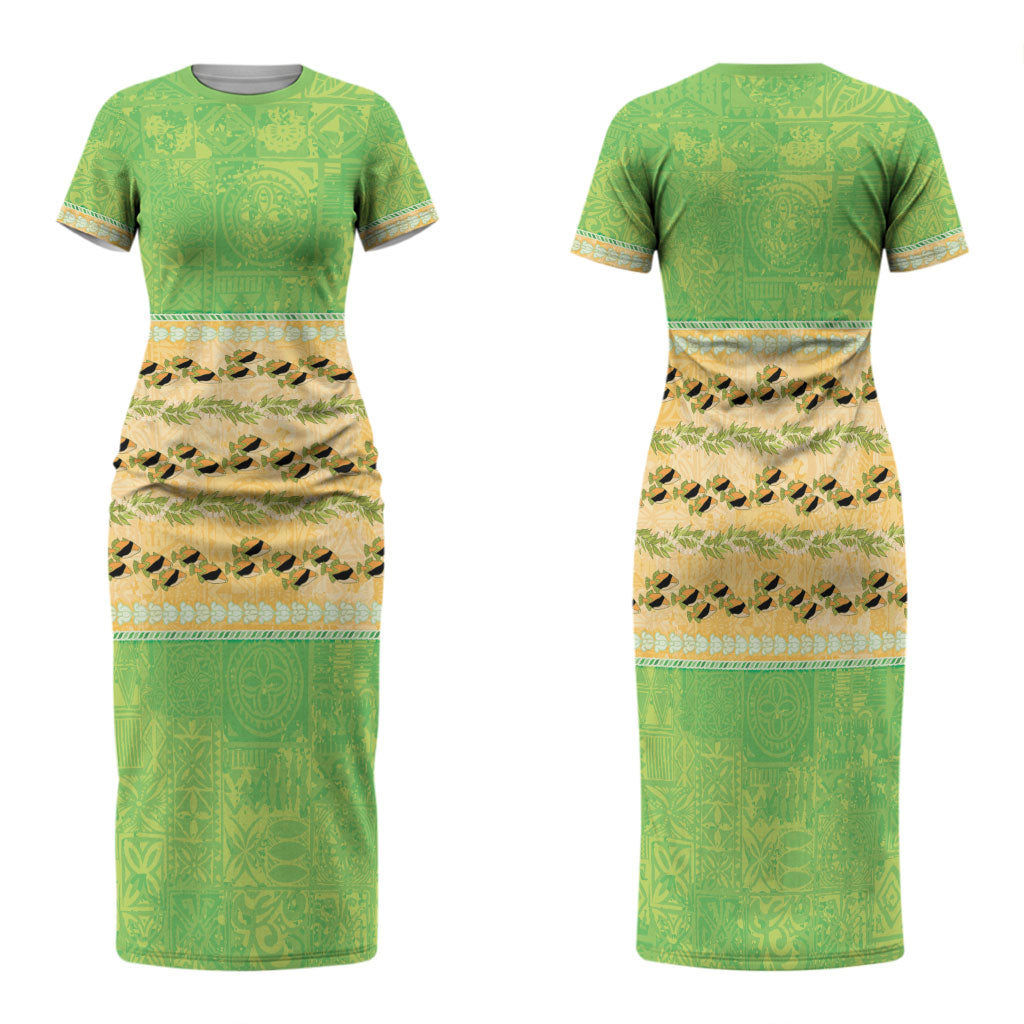 Hawaii Humuhumu Fish Maile Pikake Lei Family Matching Short Sleeve Bodycon Dress and Hawaiian Shirt Tribal Tapa Green Version