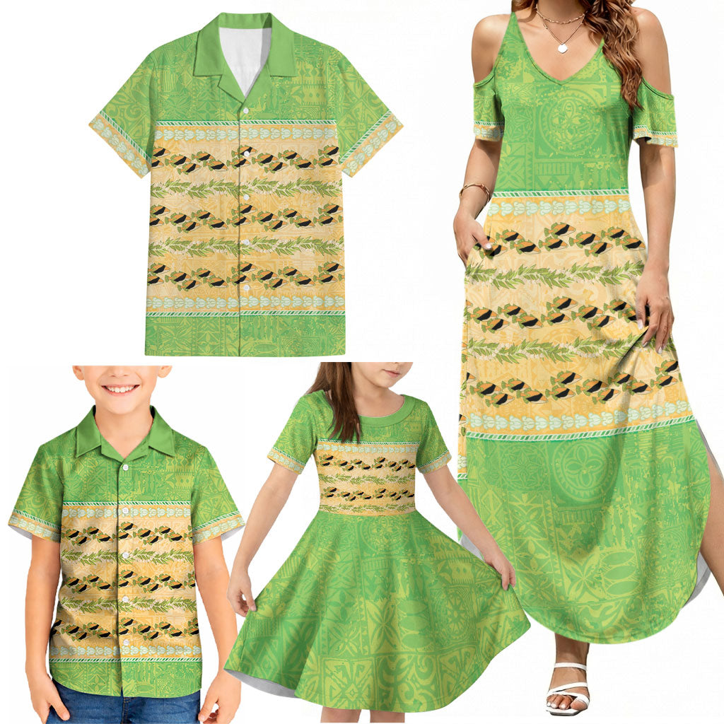 Hawaii Humuhumu Fish Maile Pikake Lei Family Matching Summer Maxi Dress and Hawaiian Shirt Tribal Tapa Green Version LT05 - Polynesian Pride