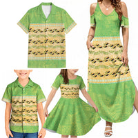 Hawaii Humuhumu Fish Maile Pikake Lei Family Matching Summer Maxi Dress and Hawaiian Shirt Tribal Tapa Green Version