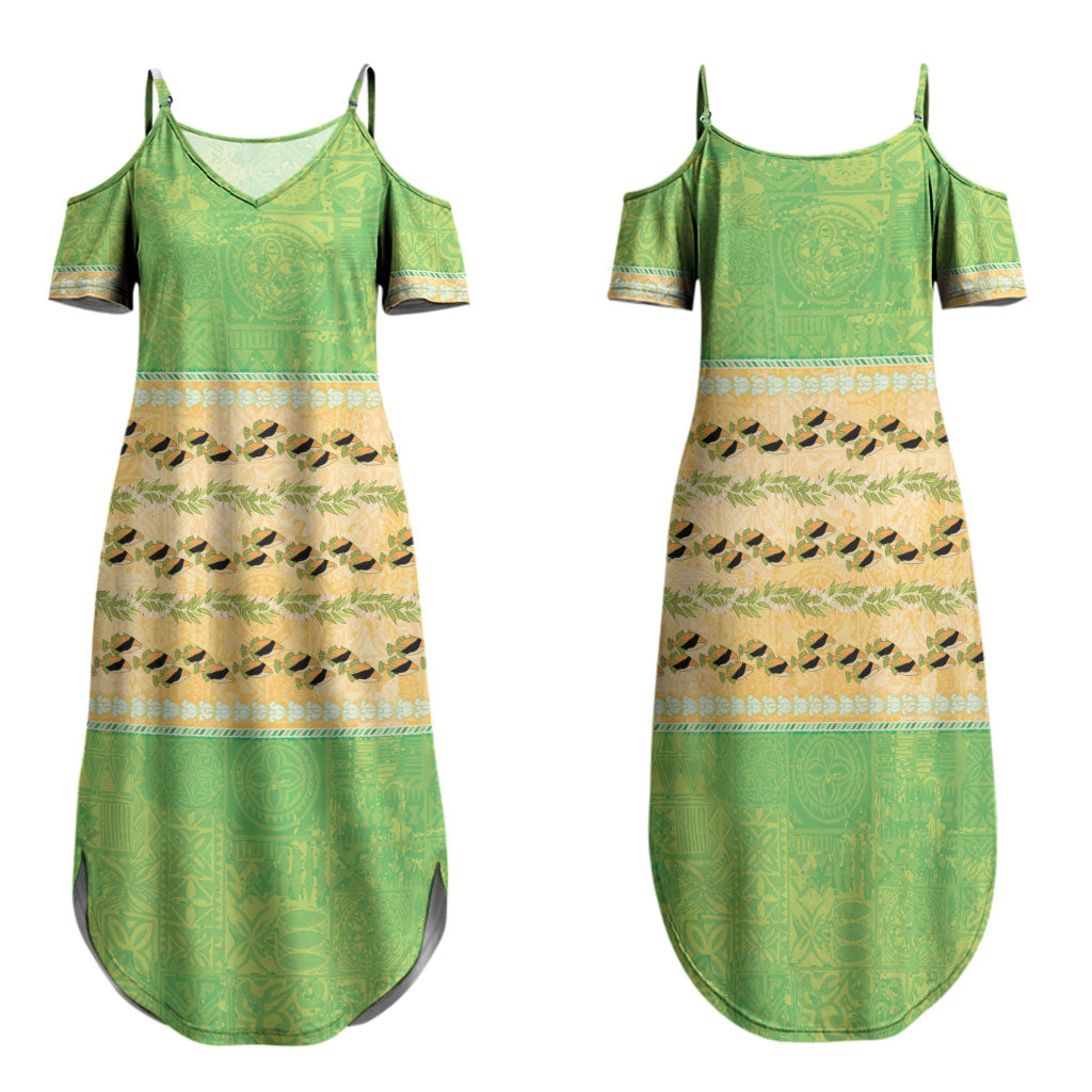 Hawaii Humuhumu Fish Maile Pikake Lei Family Matching Summer Maxi Dress and Hawaiian Shirt Tribal Tapa Green Version