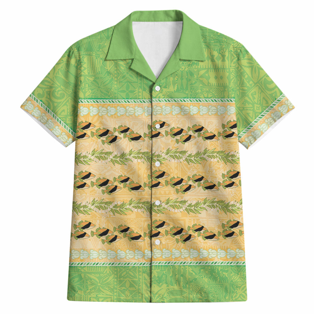 Hawaii Humuhumu Fish Maile Pikake Lei Hawaiian Shirt Tribal Tapa Green Version