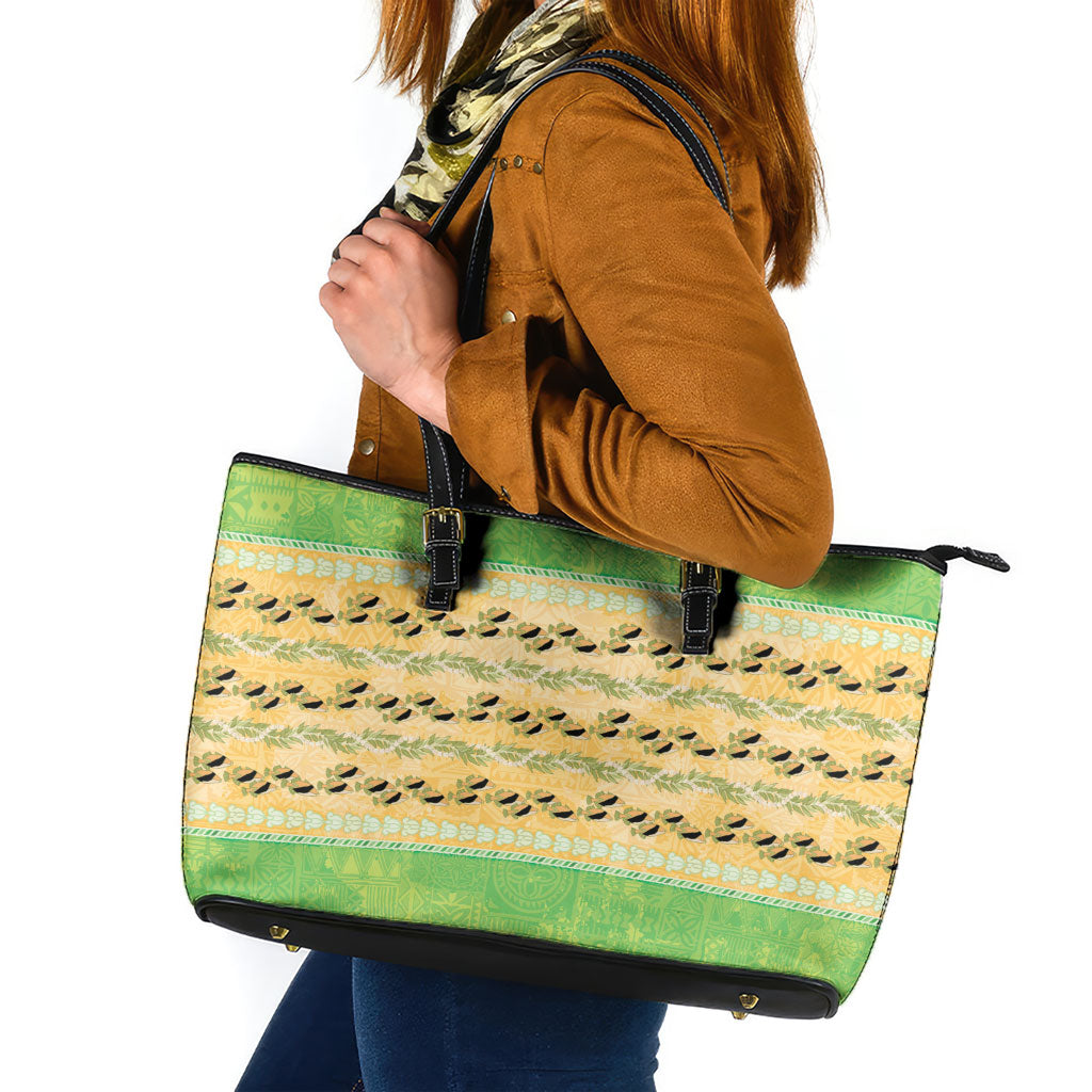 Hawaii Humuhumu Fish Maile Pikake Lei Leather Tote Bag Tribal Tapa Green Version