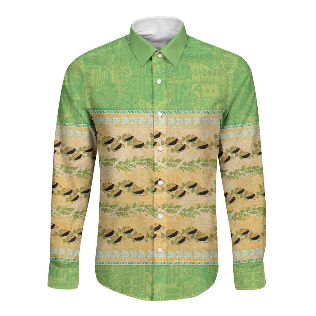 Hawaii Humuhumu Fish Maile Pikake Lei Long Sleeve Button Shirt Tribal Tapa Green Version