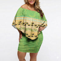 Hawaii Humuhumu Fish Maile Pikake Lei Off Shoulder Short Dress Tribal Tapa Green Version