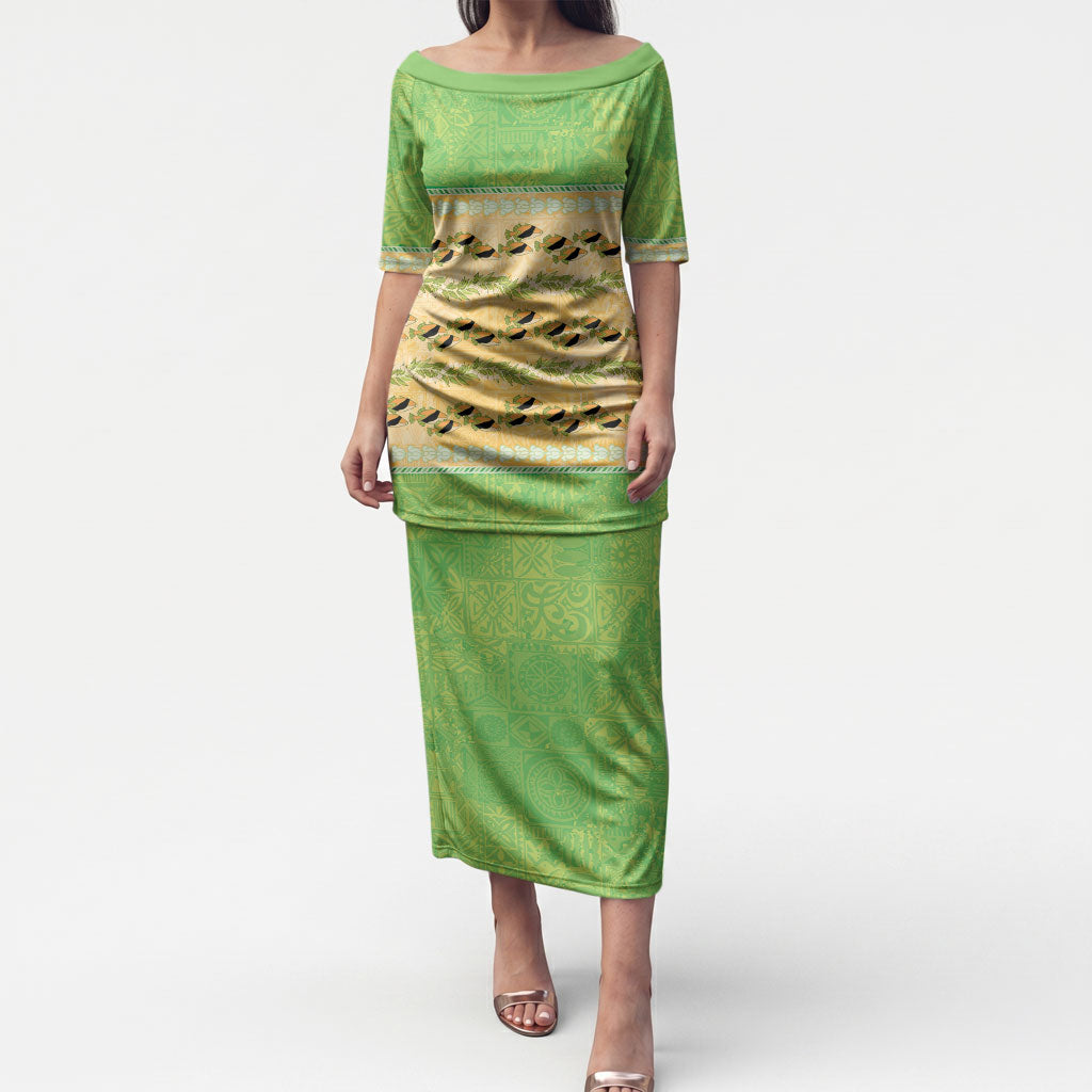 Hawaii Humuhumu Fish Maile Pikake Lei Puletasi Tribal Tapa Green Version LT05 Long Dress Green - Polynesian Pride