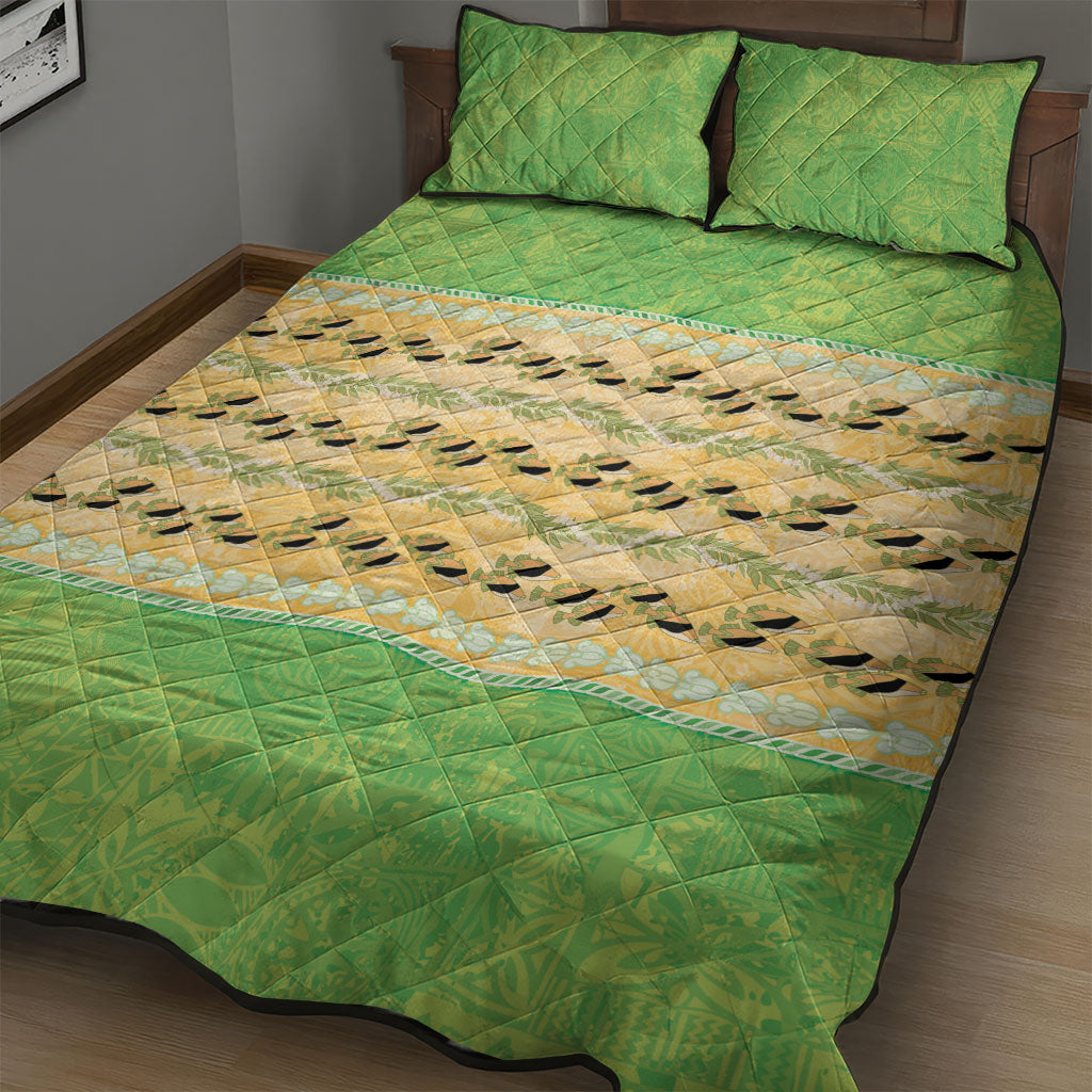 Hawaii Humuhumu Fish Maile Pikake Lei Quilt Bed Set Tribal Tapa Green Version