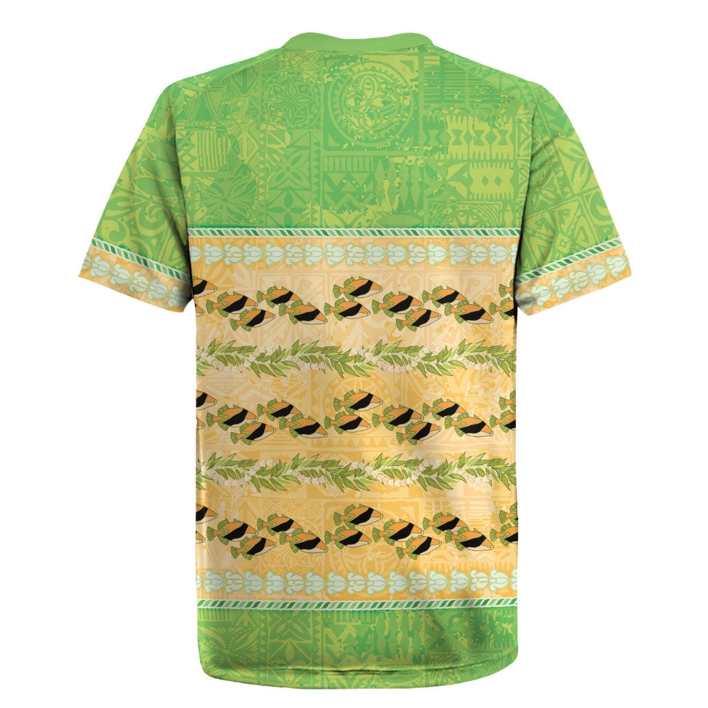 Hawaii Humuhumu Fish Maile Pikake Lei Rugby Jersey Tribal Tapa Green Version