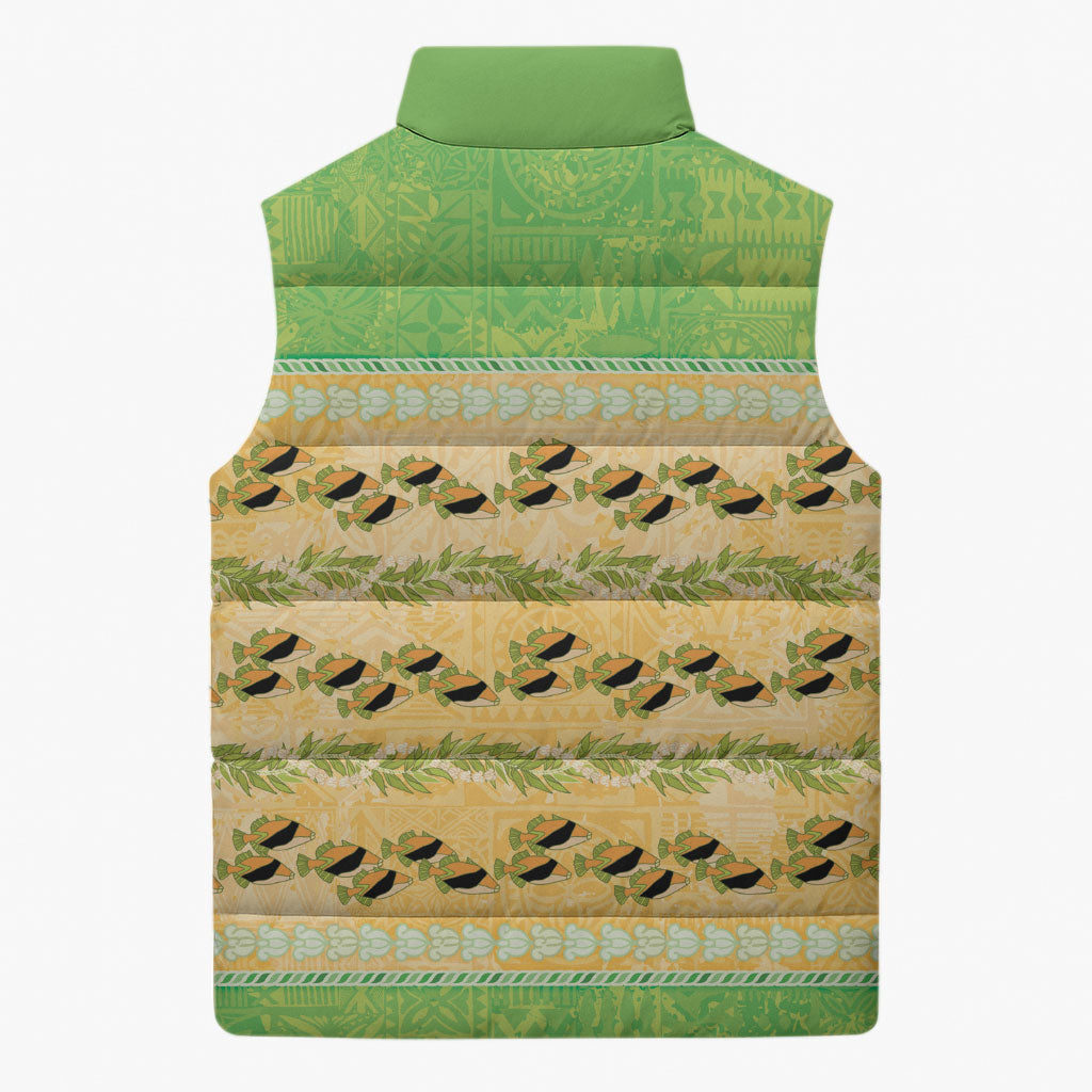 Hawaii Humuhumu Fish Maile Pikake Lei Sleeveless Puffer Jacket Tribal Tapa Green Version