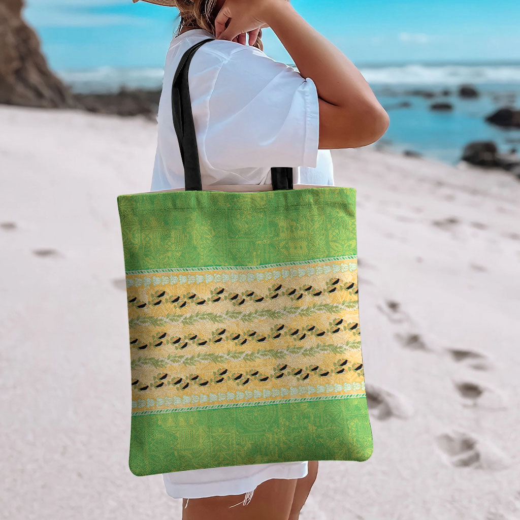 Hawaii Humuhumu Fish Maile Pikake Lei Tote Bag Tribal Tapa Green Version
