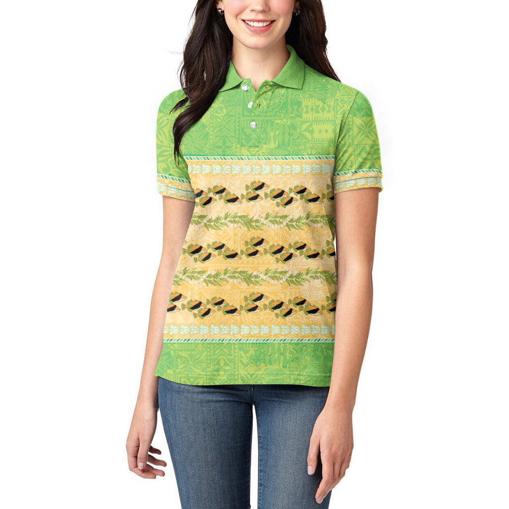 Hawaii Humuhumu Fish Maile Pikake Lei Women Polo Shirt Tribal Tapa Green Version
