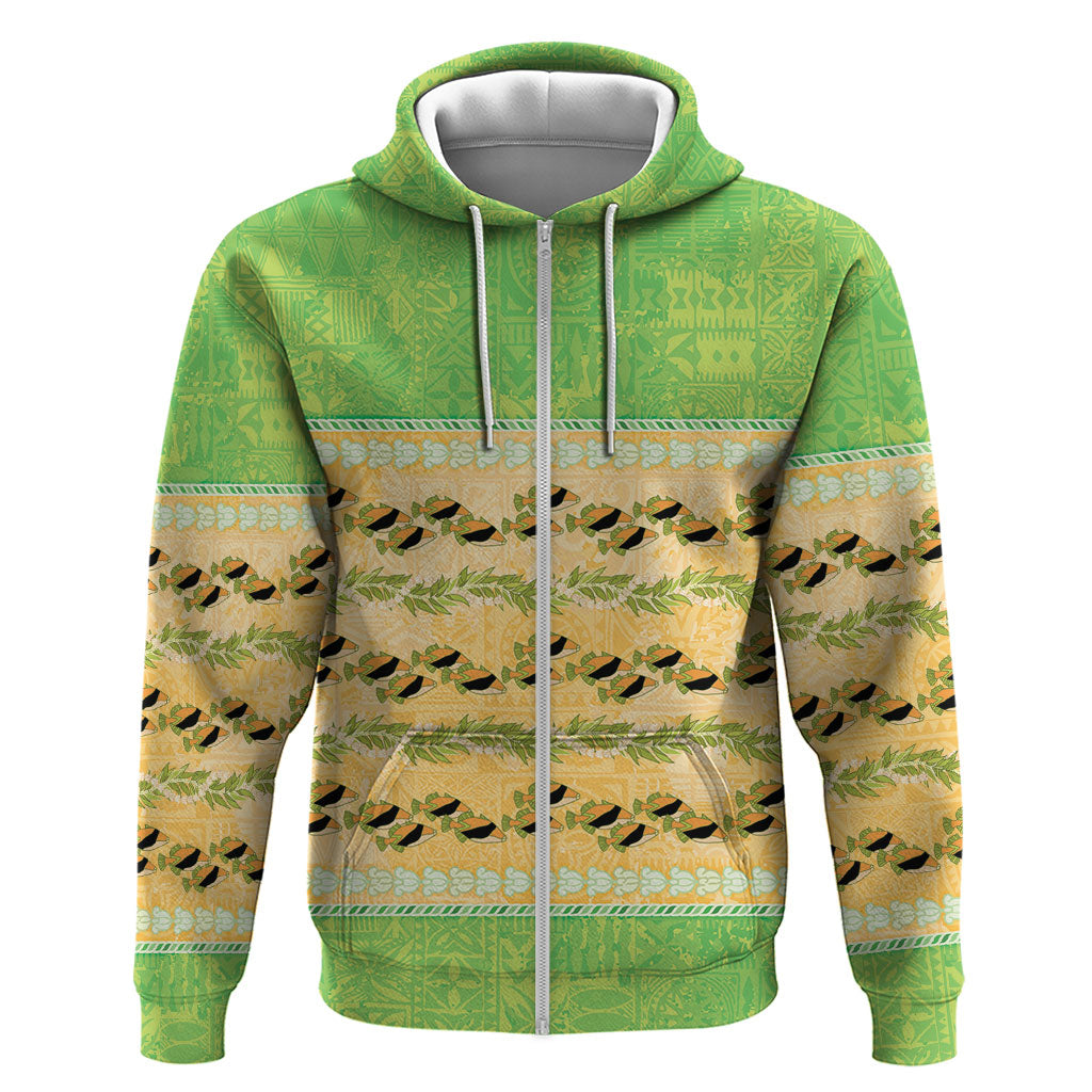 Hawaii Humuhumu Fish Maile Pikake Lei Zip Hoodie Tribal Tapa Green Version
