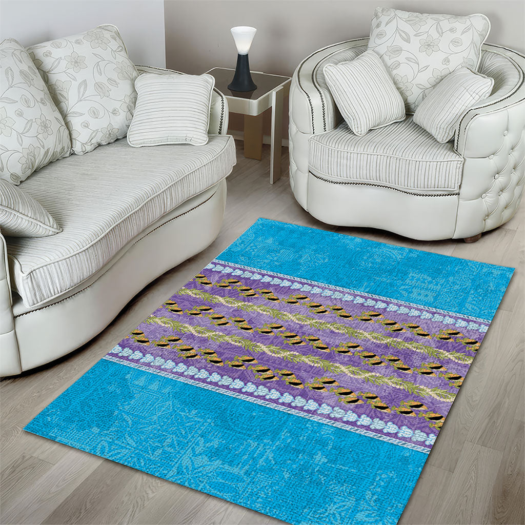 Hawaii Humuhumu Fish Maile Pikake Lei Area Rug Tribal Tapa Blue Version