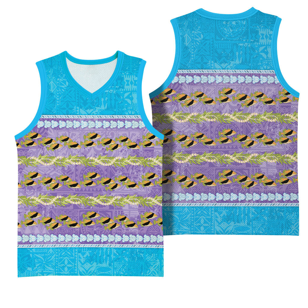 Hawaii Humuhumu Fish Maile Pikake Lei Basketball Jersey Tribal Tapa Blue Version