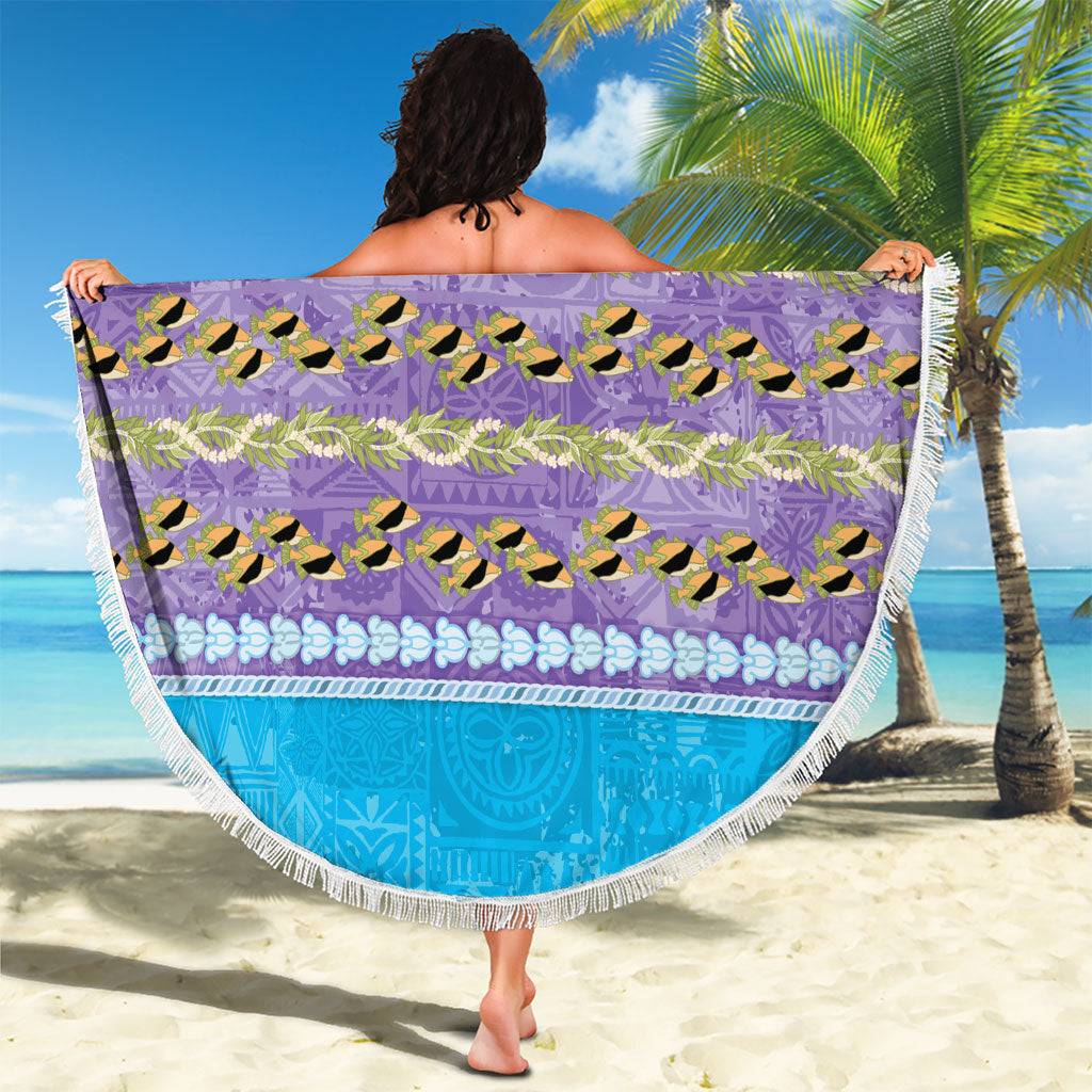 Hawaii Humuhumu Fish Maile Pikake Lei Beach Blanket Tribal Tapa Blue Version