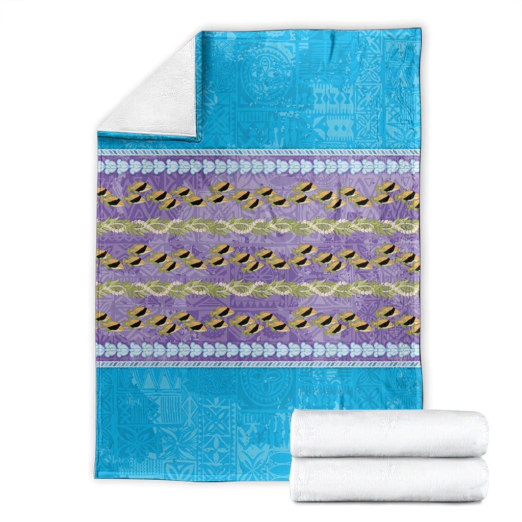 Hawaii Humuhumu Fish Maile Pikake Lei Blanket Tribal Tapa Blue Version