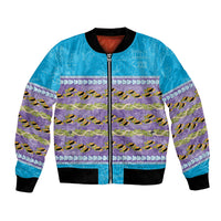 Hawaii Humuhumu Fish Maile Pikake Lei Bomber Jacket Tribal Tapa Blue Version