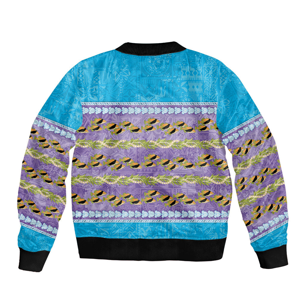Hawaii Humuhumu Fish Maile Pikake Lei Bomber Jacket Tribal Tapa Blue Version