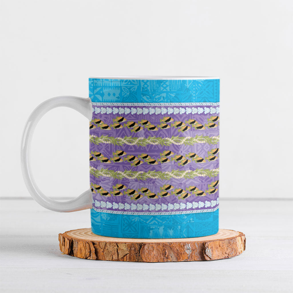 Hawaii Humuhumu Fish Maile Pikake Lei Ceramic Mug Tribal Tapa Blue Version