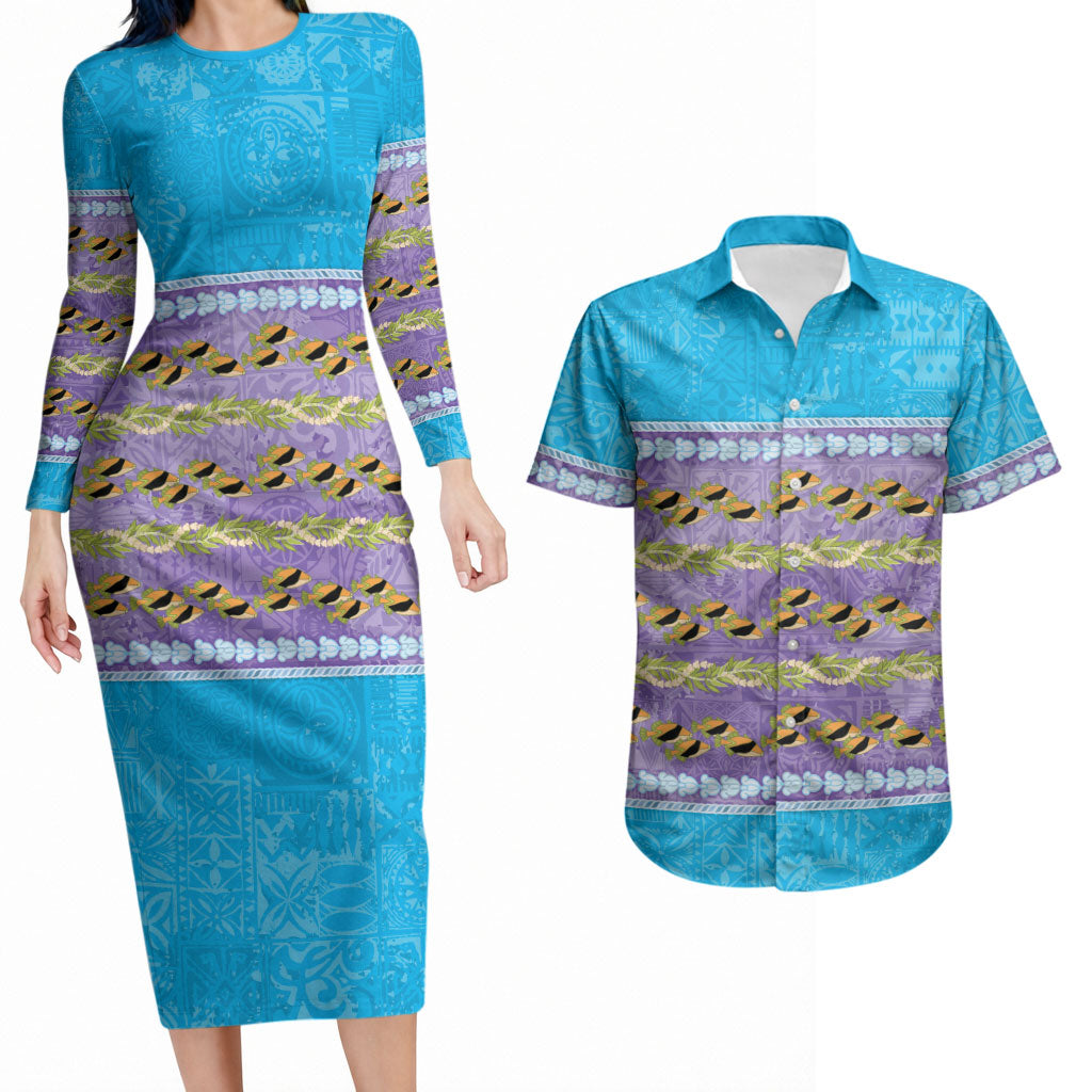 Hawaii Humuhumu Fish Maile Pikake Lei Couples Matching Long Sleeve Bodycon Dress and Hawaiian Shirt Tribal Tapa Blue Version LT05 Blue - Polynesian Pride
