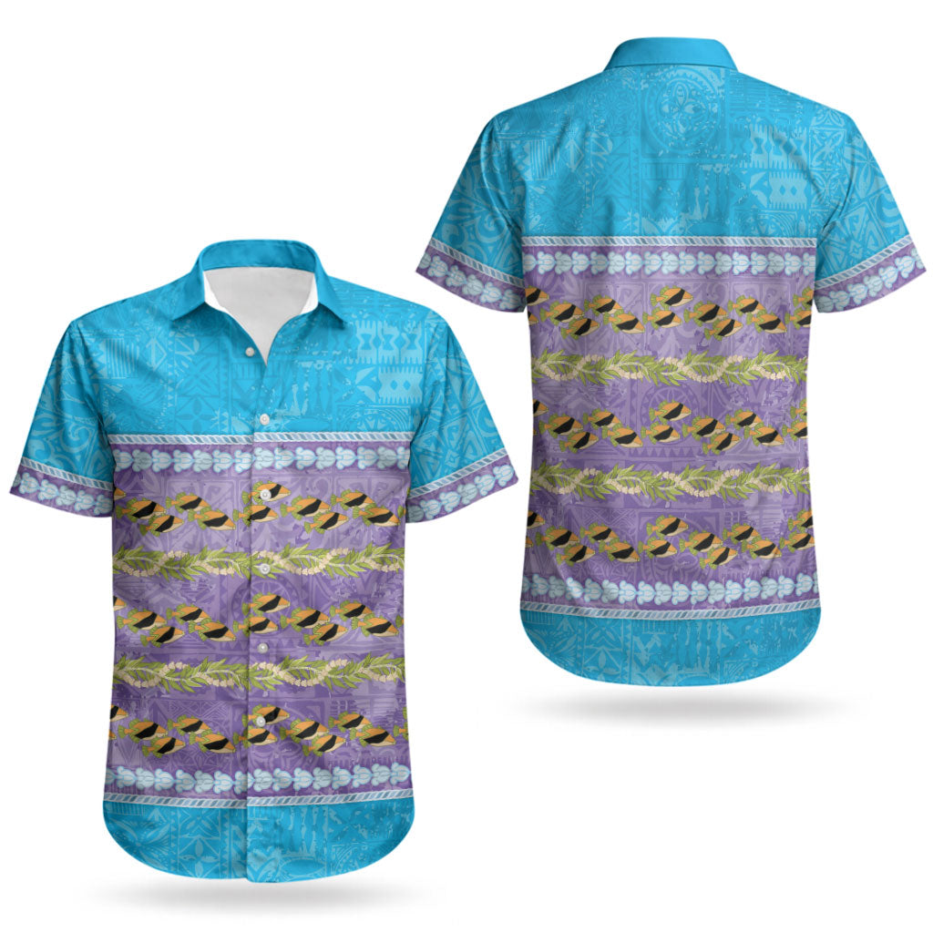 Hawaii Humuhumu Fish Maile Pikake Lei Couples Matching Off Shoulder Short Dress and Hawaiian Shirt Tribal Tapa Blue Version