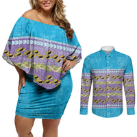 Hawaii Humuhumu Fish Maile Pikake Lei Couples Matching Off Shoulder Short Dress and Long Sleeve Button Shirt Tribal Tapa Blue Version