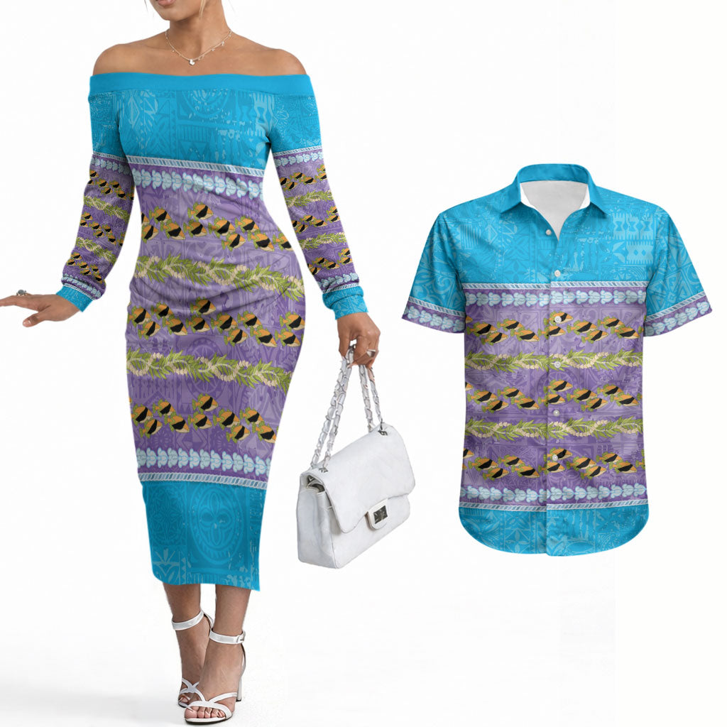 Hawaii Humuhumu Fish Maile Pikake Lei Couples Matching Off The Shoulder Long Sleeve Dress and Hawaiian Shirt Tribal Tapa Blue Version LT05 Blue - Polynesian Pride