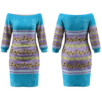 Hawaii Humuhumu Fish Maile Pikake Lei Couples Matching Off The Shoulder Long Sleeve Dress and Hawaiian Shirt Tribal Tapa Blue Version