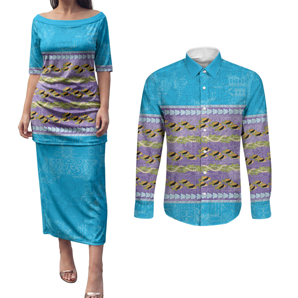 Hawaii Humuhumu Fish Maile Pikake Lei Couples Matching Puletasi and Long Sleeve Button Shirt Tribal Tapa Blue Version
