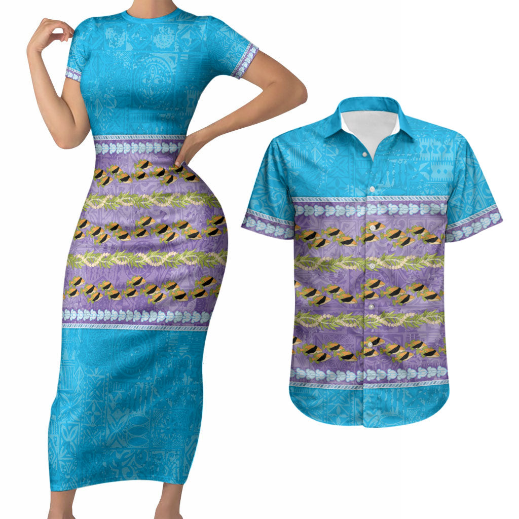 Hawaii Humuhumu Fish Maile Pikake Lei Couples Matching Short Sleeve Bodycon Dress and Hawaiian Shirt Tribal Tapa Blue Version LT05 Blue - Polynesian Pride