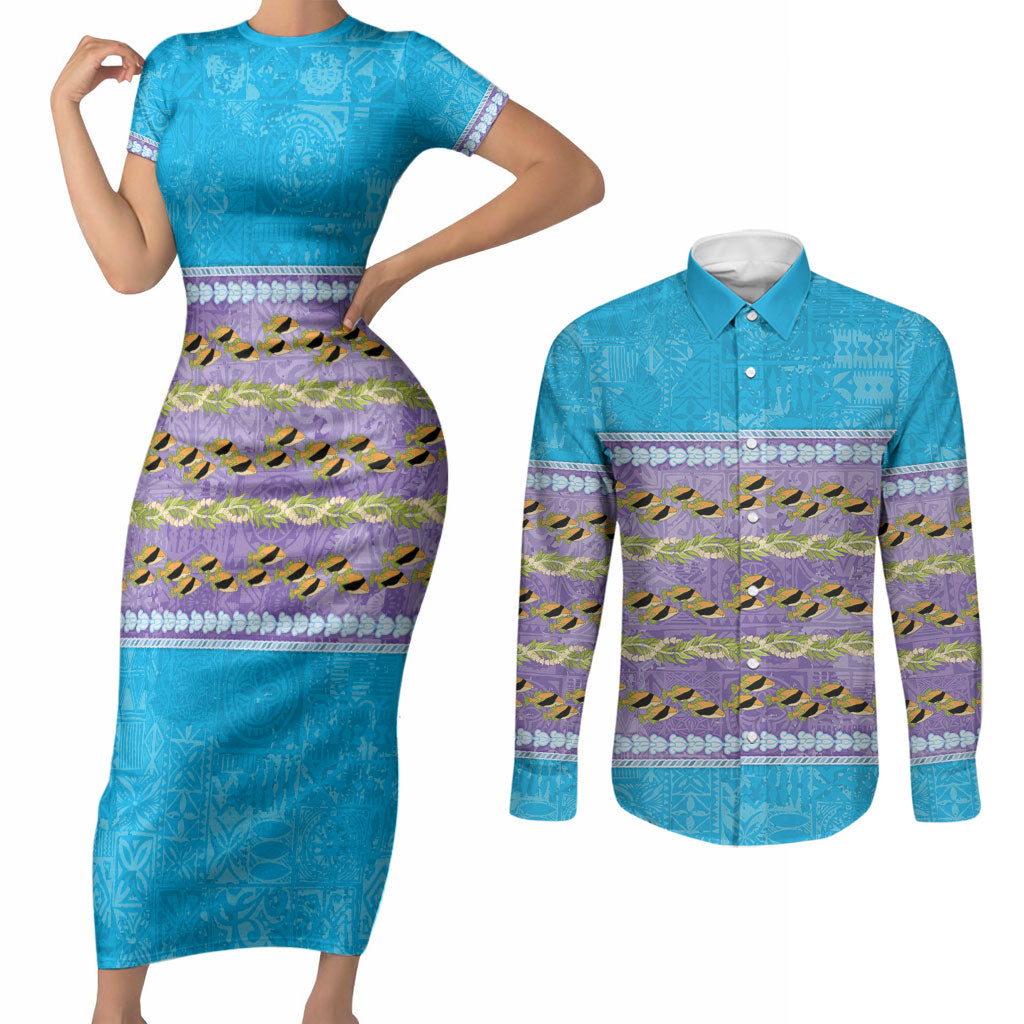 Hawaii Humuhumu Fish Maile Pikake Lei Couples Matching Short Sleeve Bodycon Dress and Long Sleeve Button Shirt Tribal Tapa Blue Version