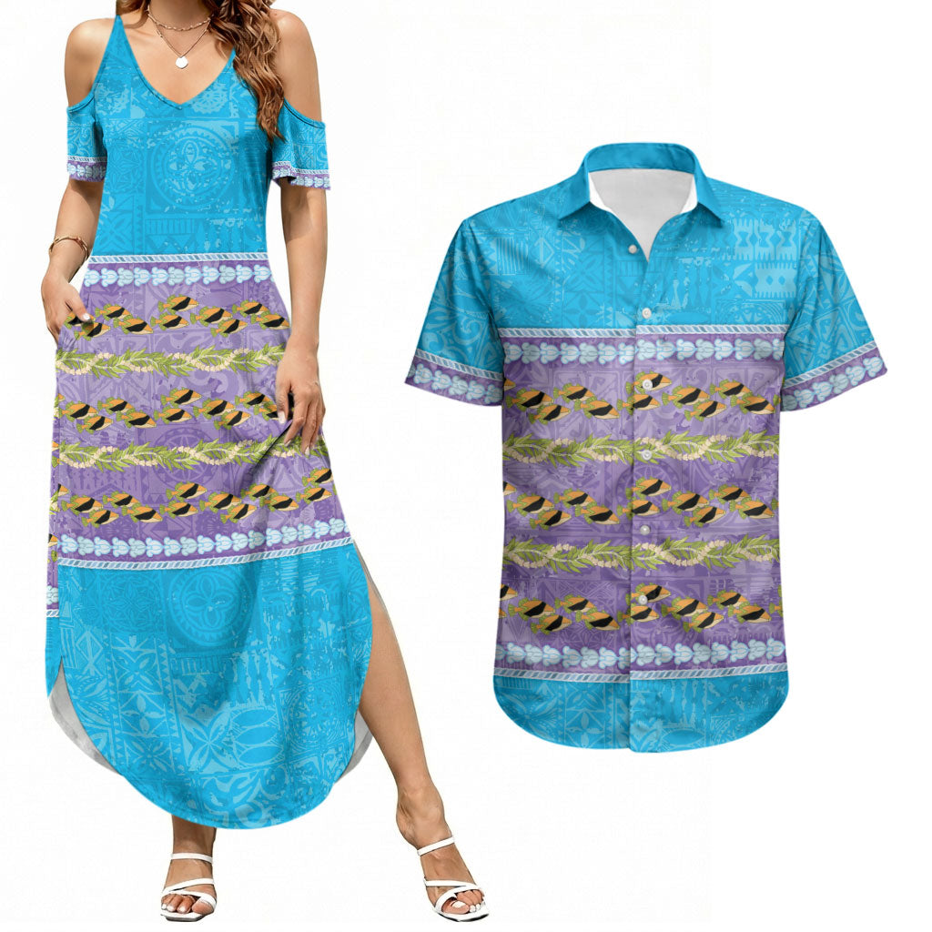 Hawaii Humuhumu Fish Maile Pikake Lei Couples Matching Summer Maxi Dress and Hawaiian Shirt Tribal Tapa Blue Version