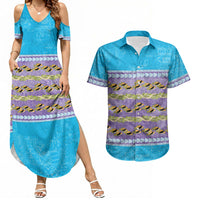 Hawaii Humuhumu Fish Maile Pikake Lei Couples Matching Summer Maxi Dress and Hawaiian Shirt Tribal Tapa Blue Version