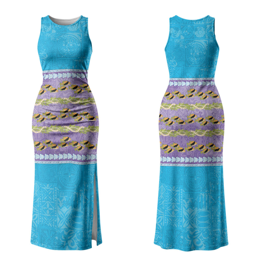 Hawaii Humuhumu Fish Maile Pikake Lei Couples Matching Tank Maxi Dress and Hawaiian Shirt Tribal Tapa Blue Version