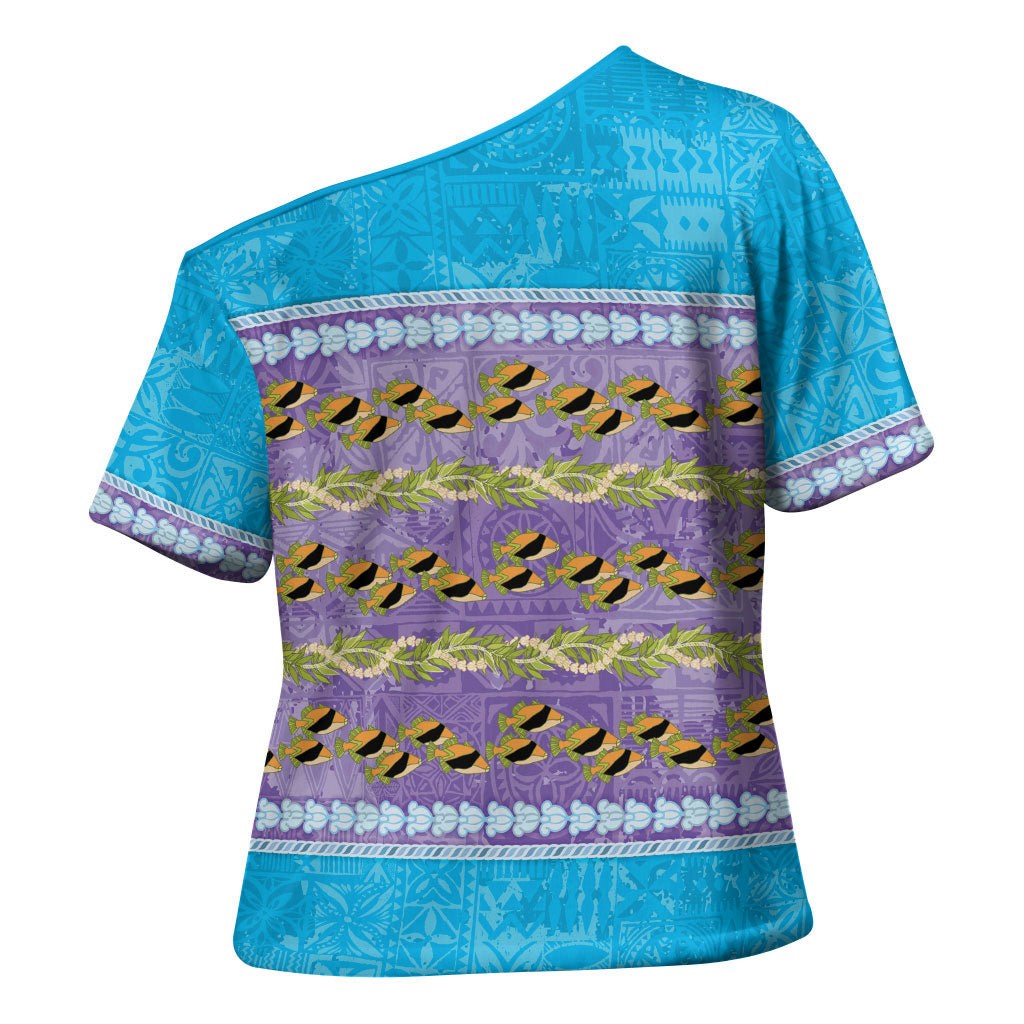 Hawaii Humuhumu Fish Maile Pikake Lei Cross Shoulder Shirt Tribal Tapa Blue Version