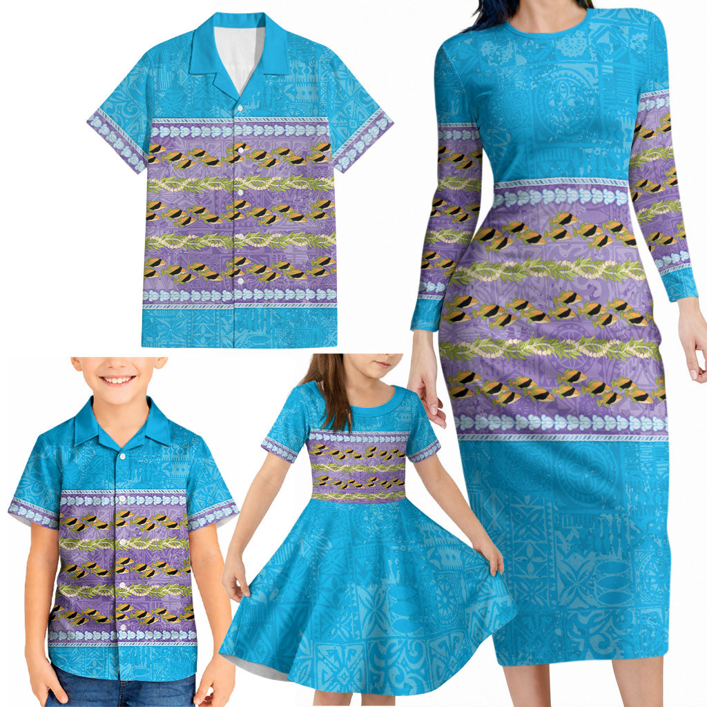 Hawaii Humuhumu Fish Maile Pikake Lei Family Matching Long Sleeve Bodycon Dress and Hawaiian Shirt Tribal Tapa Blue Version LT05 - Polynesian Pride