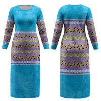 Hawaii Humuhumu Fish Maile Pikake Lei Family Matching Long Sleeve Bodycon Dress and Hawaiian Shirt Tribal Tapa Blue Version