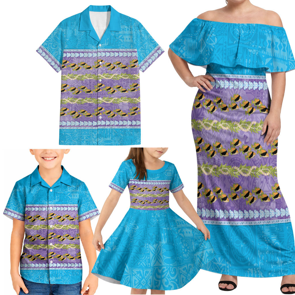 Hawaii Humuhumu Fish Maile Pikake Lei Family Matching Off Shoulder Maxi Dress and Hawaiian Shirt Tribal Tapa Blue Version LT05 - Polynesian Pride