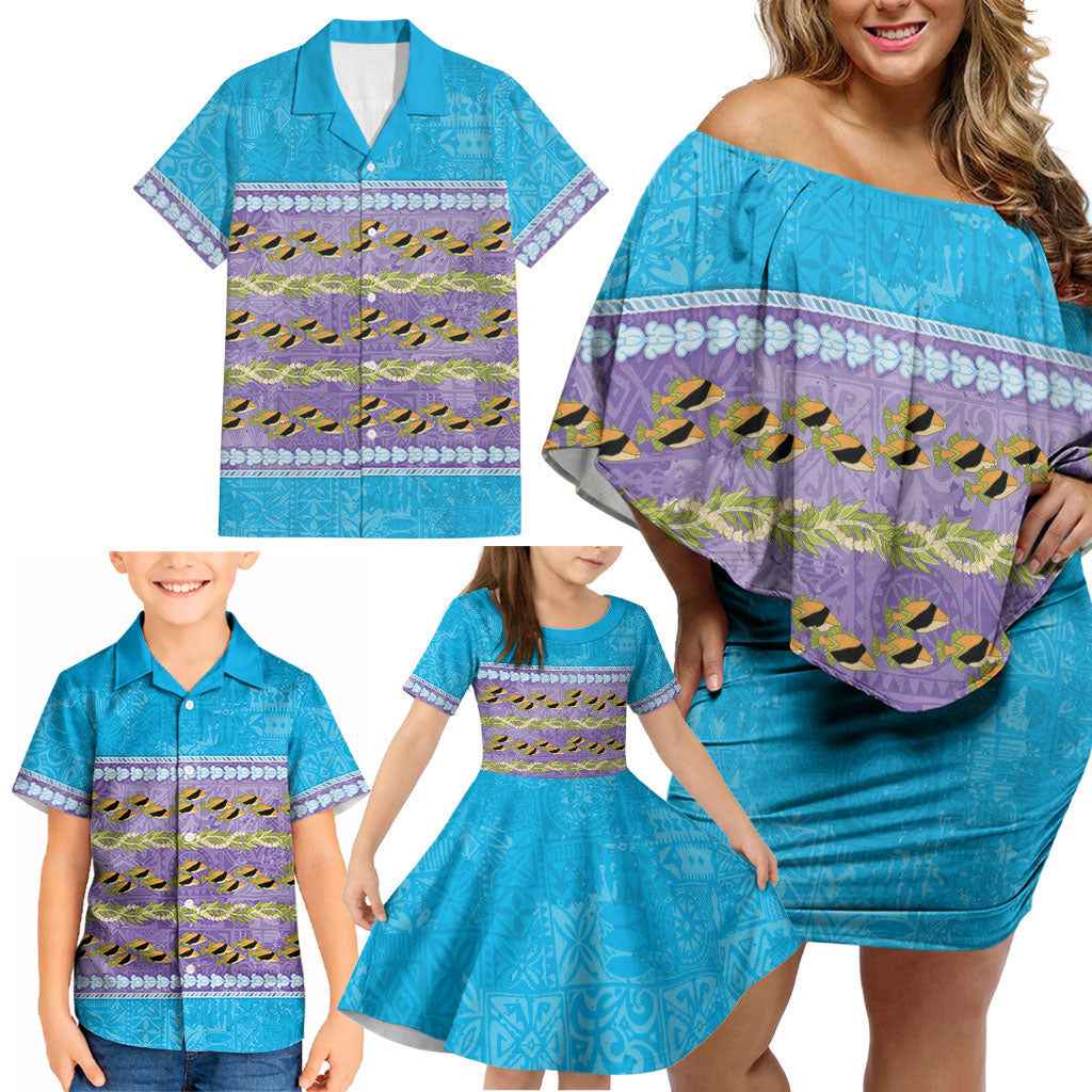 Hawaii Humuhumu Fish Maile Pikake Lei Family Matching Off Shoulder Short Dress and Hawaiian Shirt Tribal Tapa Blue Version