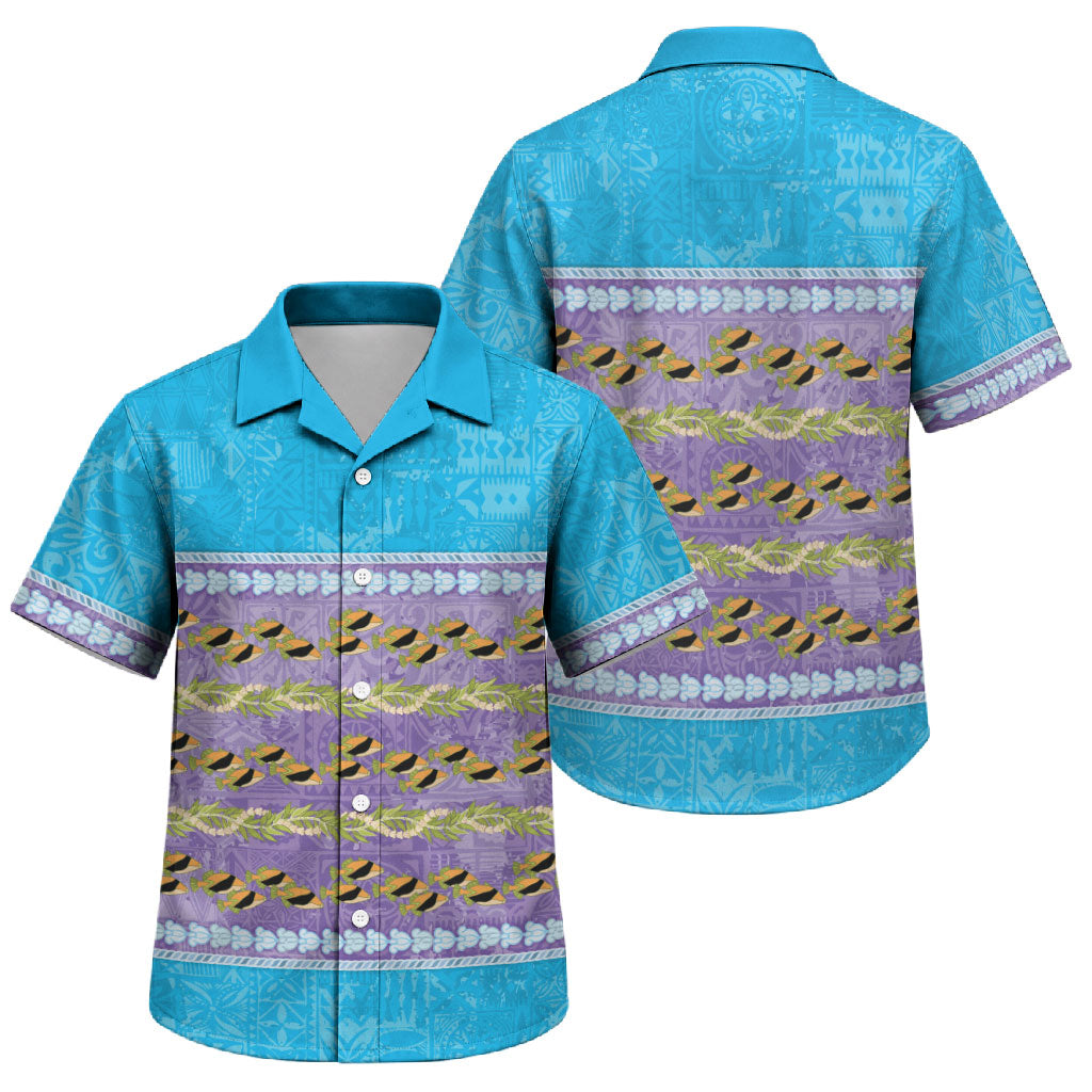 Hawaii Humuhumu Fish Maile Pikake Lei Family Matching Off Shoulder Short Dress and Hawaiian Shirt Tribal Tapa Blue Version