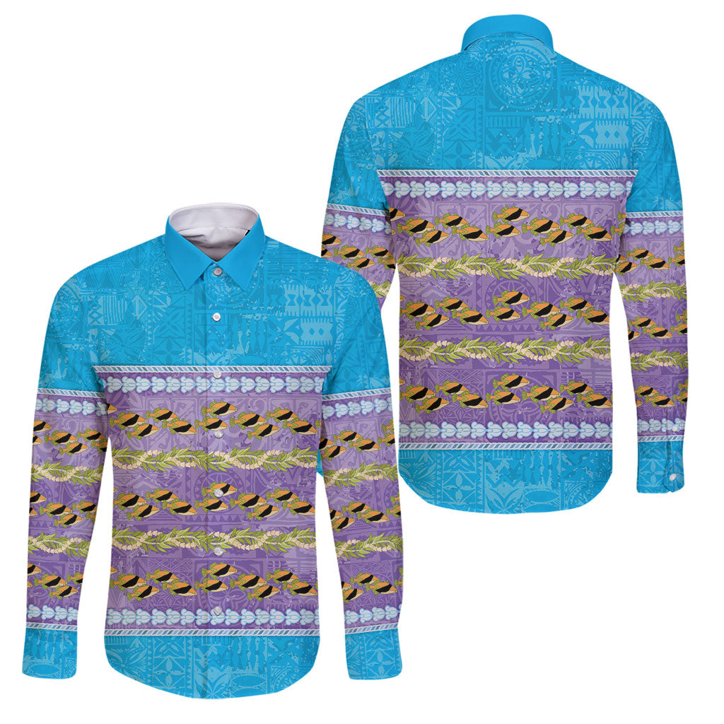 Hawaii Humuhumu Fish Maile Pikake Lei Family Matching Short Sleeve Bodycon Dress and Hawaiian Shirt Tribal Tapa Blue Version