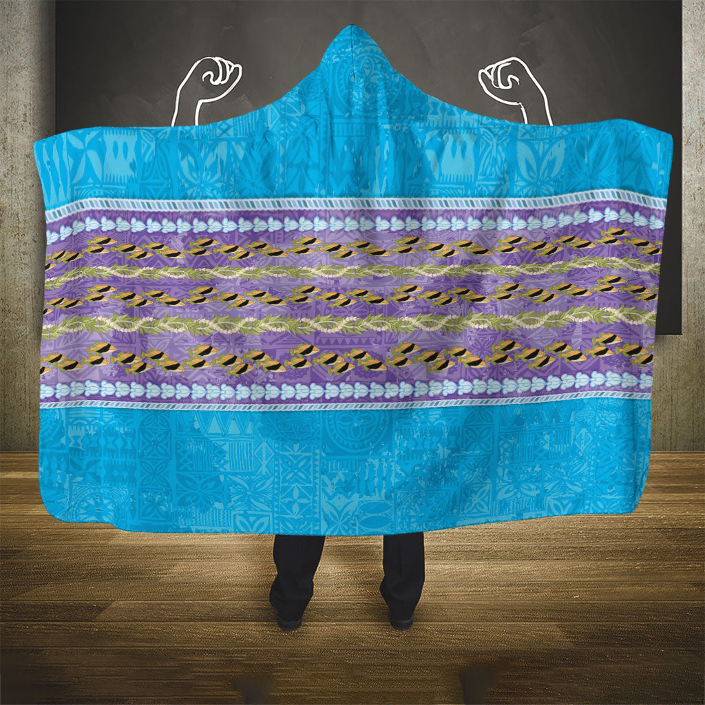 Hawaii Humuhumu Fish Maile Pikake Lei Hooded Blanket Tribal Tapa Blue Version