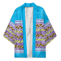 Hawaii Humuhumu Fish Maile Pikake Lei Kimono Tribal Tapa Blue Version
